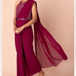 Wine Colored Saree with Attached Sequin Top and Skirt